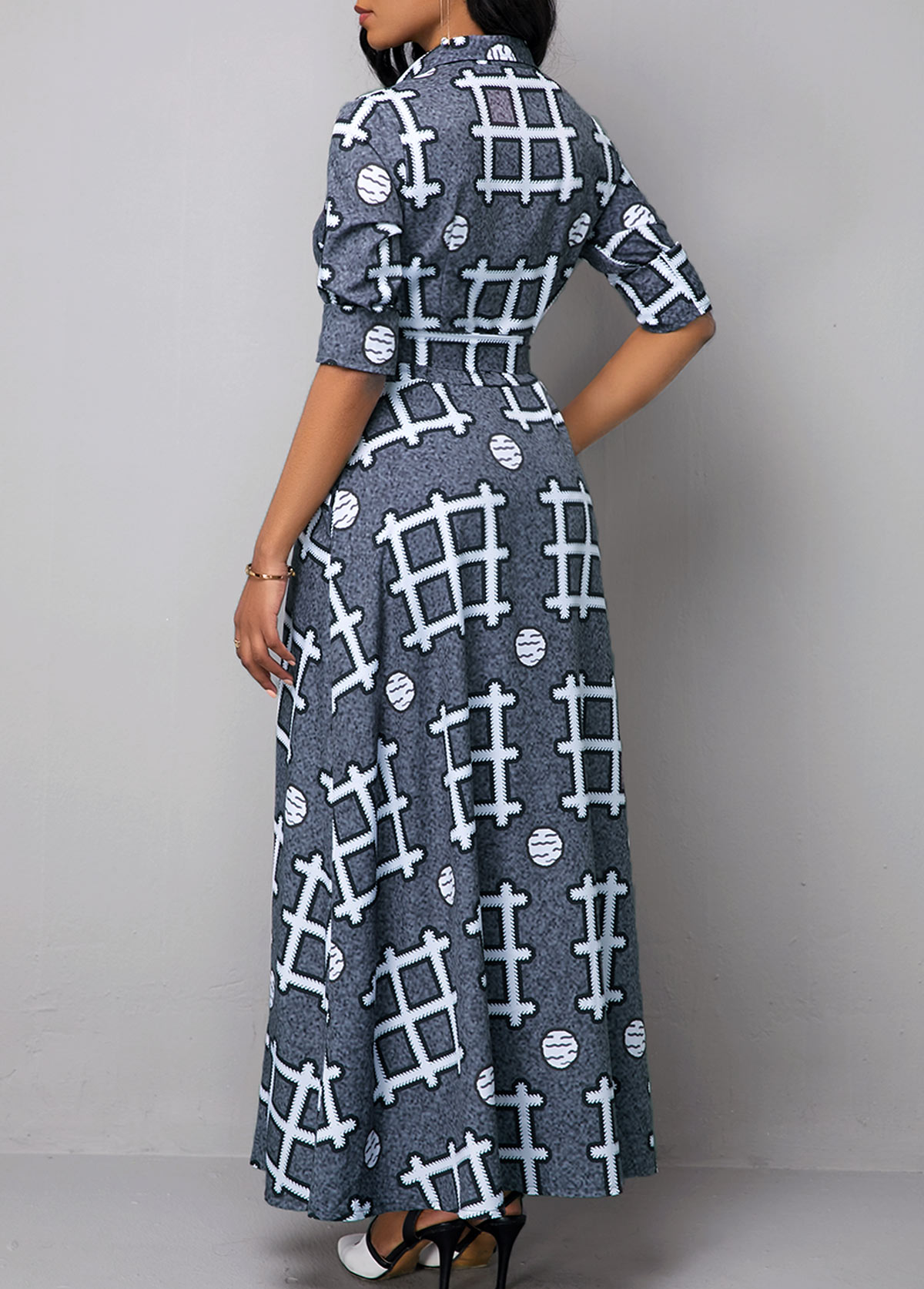 Long Sleeve Turndown Collar Geometric Print Dress