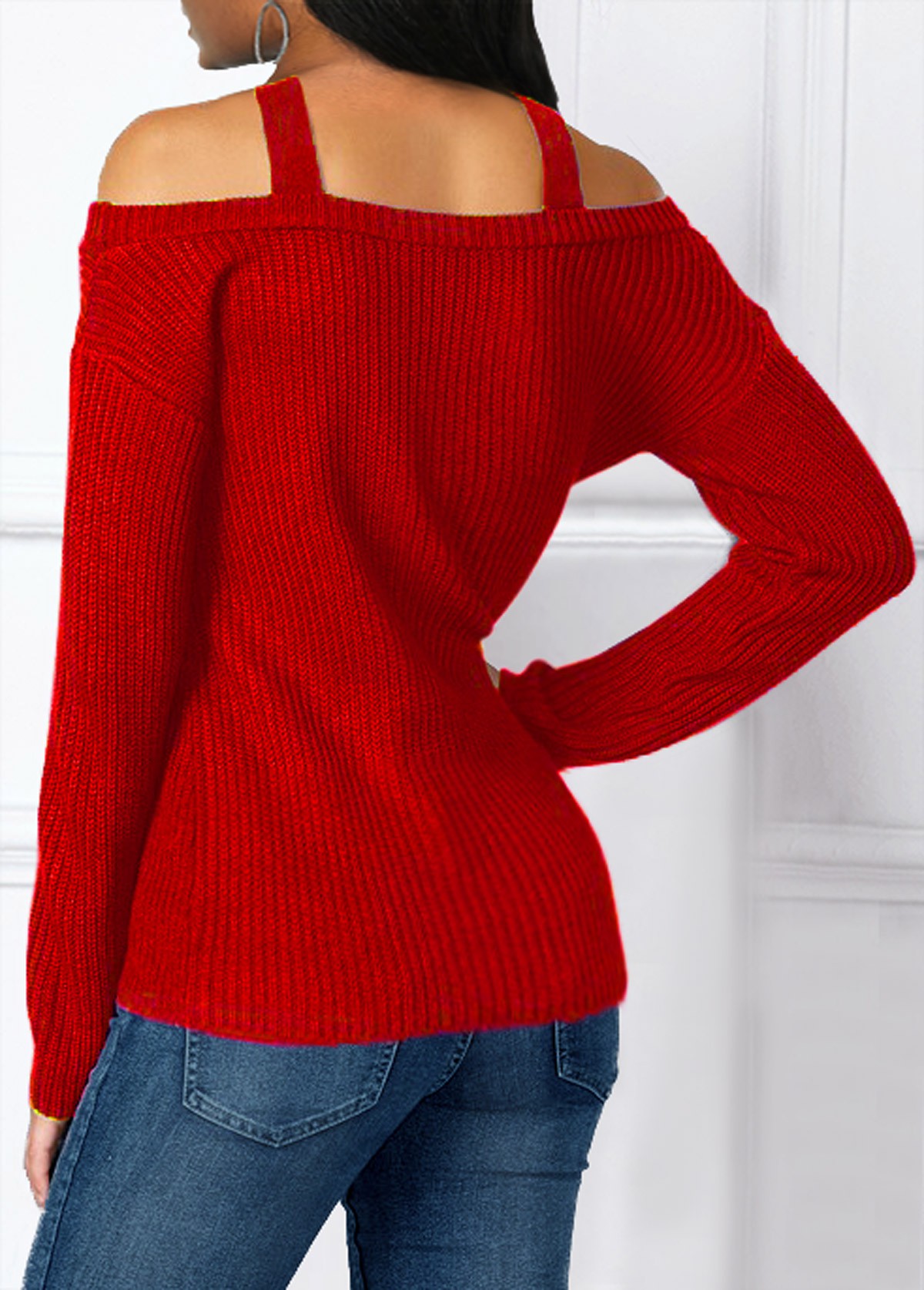Asymmetric Hem Cross Strap Cold Shoulder Sweater