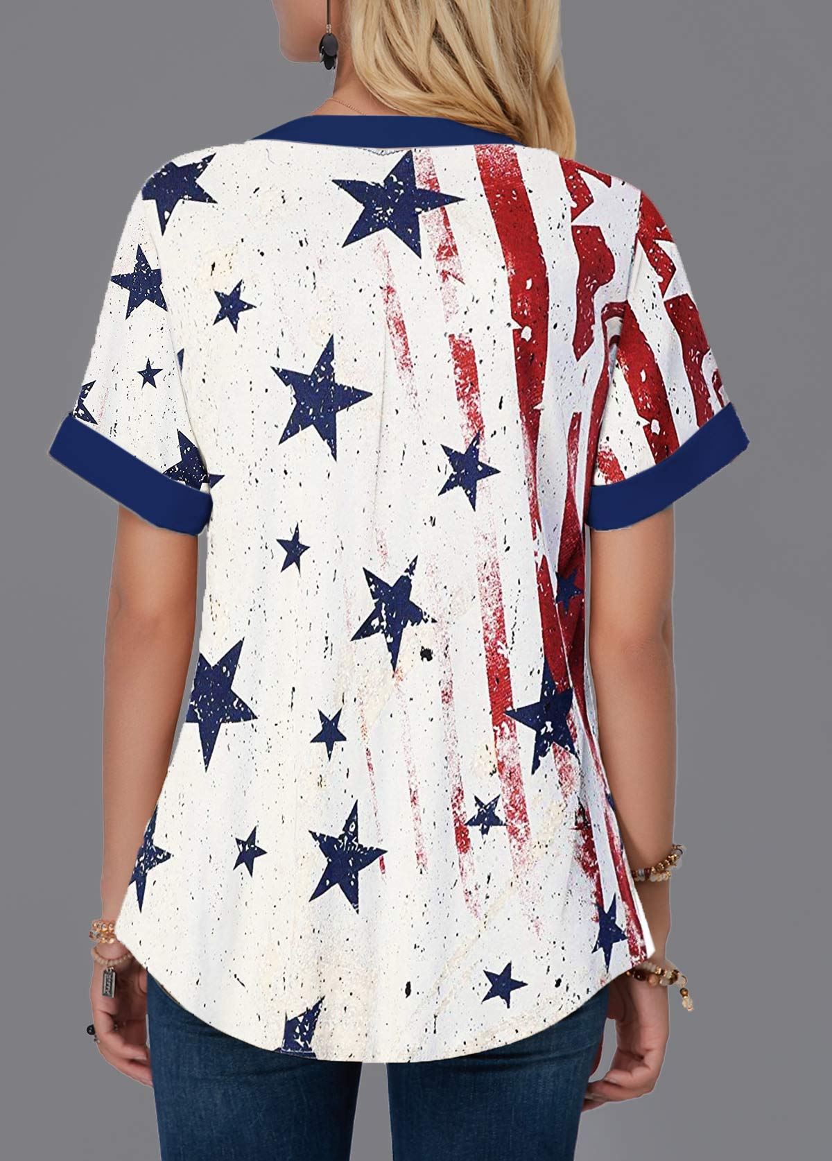 American Flag Print Lace Up Short Sleeve Blouse | modlily.com - USD $28.99