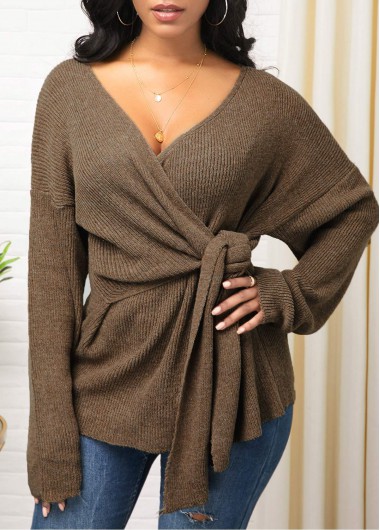 Modlily Knot Detail Plunging Neck Long Sleeve Sweater - M