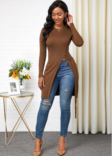 Modlily Long Sleeve Round Neck Side Slit Sweater - S