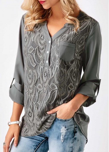 Modlily Womens Grey Long Roll Tab Sleeve Fashion Tunic Top Blouse - L