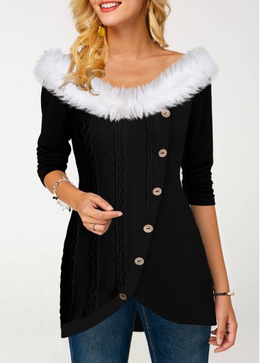 Modlily Fur Collar Inclined Button Tulip Hem T Shirt - S