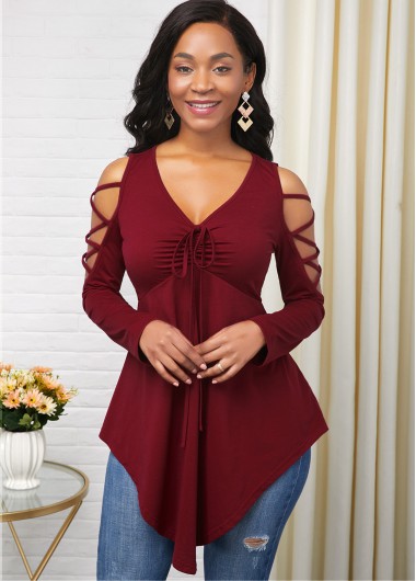 Modlily Asymmetric Hem Cold Shoulder Center Shirred T Shirt - L