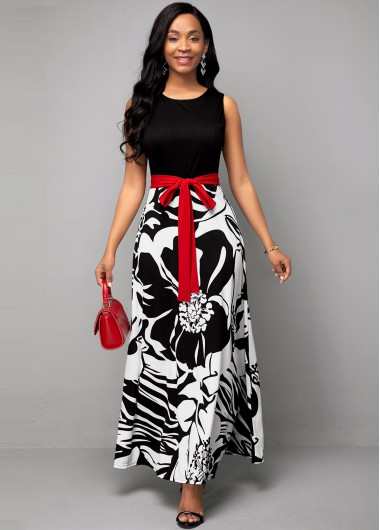 Flower Print Belted Round Neck Dress - 10