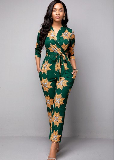 Modlily Belted Tribal Print Side Pocket Jumpsuit - 18