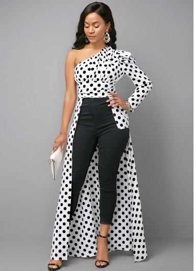 Modlily Polka Dot Print One Shoulder Color Block Blouse - 12