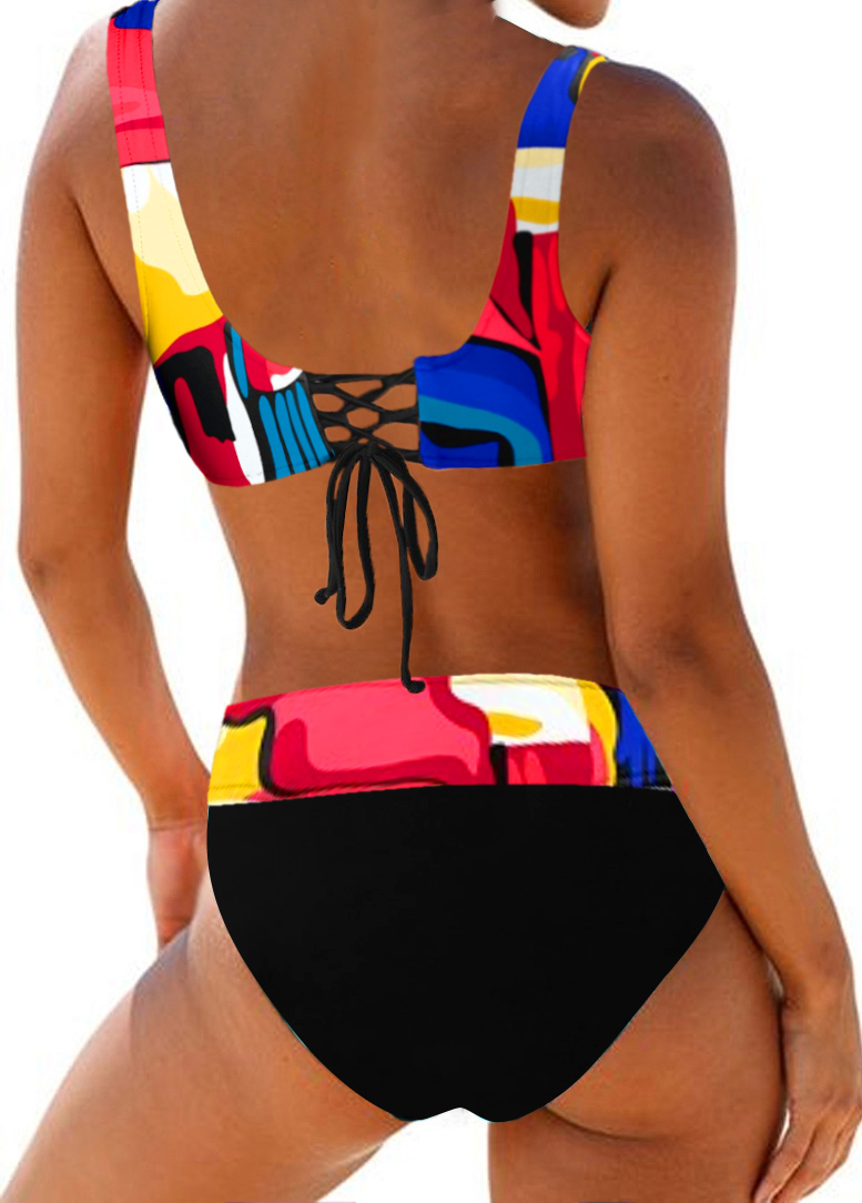 Printed Drawstring Waist Lace Up Rainbow Color Bikini Set