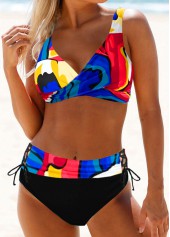 Printed Drawstring Waist Lace Up Rainbow Color Bikini Set