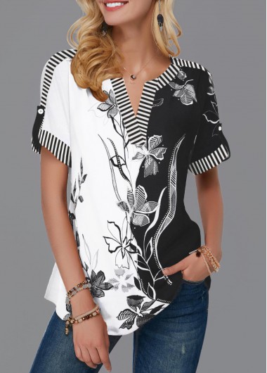 Modlily Black And White Floral Print Color Block Short Sleeve Top for Women Color Block Roll Tab Sleeve Flower Print Blouse - M