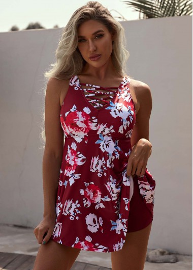 Modlily Flower Print Wide Strap Lace Up Swimdress and Shorts - 8