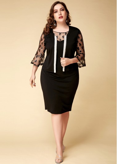 Plus Size Mesh Panel Black Two Piece Dress - 22W