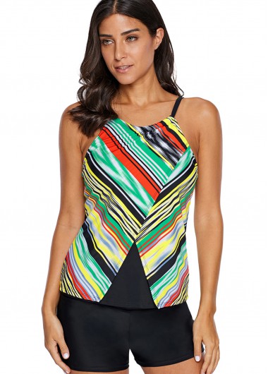 Modlily Multicolor Striped Spaghetti Strap Tankini Top - M