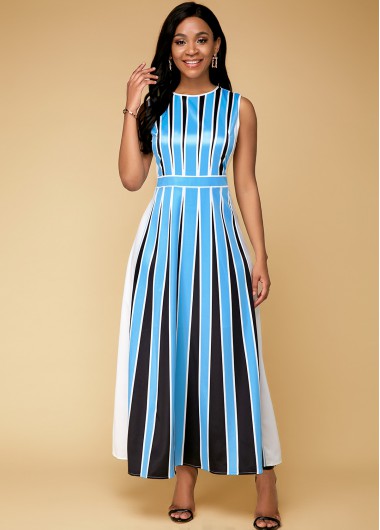 Stripe Print Blue Sleeveless Maxi Dress - 10