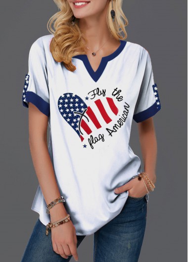 Image of American Flag Print Heart Design Short Sleeve Blouse -