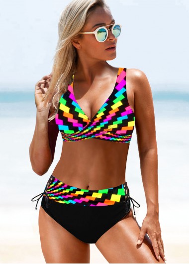 Modlily Bowknot Detail Rainbow Color Geometric Print Bikini Set - 18