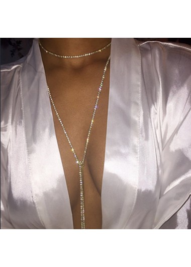 Modlily Rhinestone Decorated Layered Silver Metal Necklace - One Size