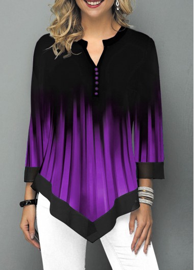 Modlily Three Quarter Sleeve Button Detail Gradient T Shirt - XL