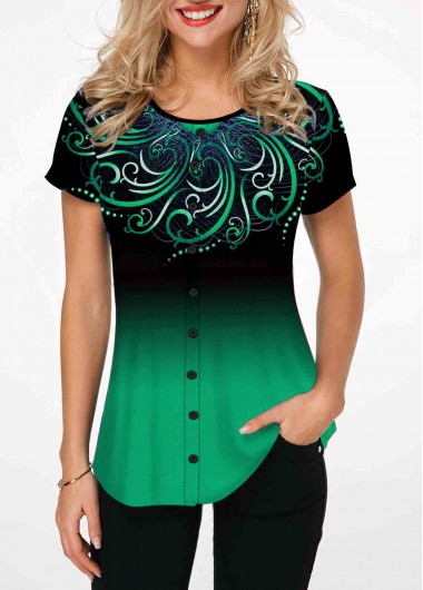 Modlily Tribal Print Round Neck Green Ombre T Shirt - XL