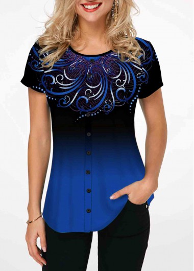 Modlily Blue Tribal Print Gradient Short Sleeve T Shirt - S