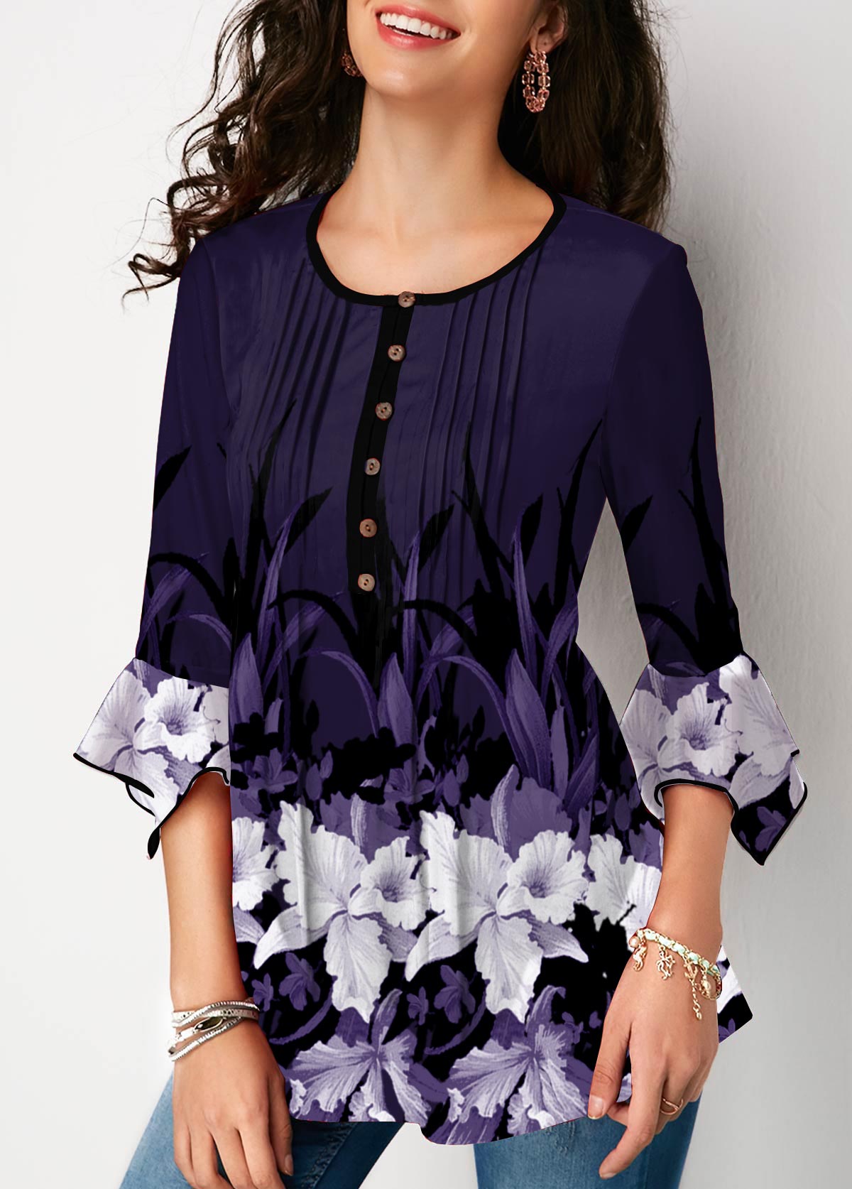 Flare Cuff Crinkle Chest Floral Print Blouse | modlily.com - USD $26.99