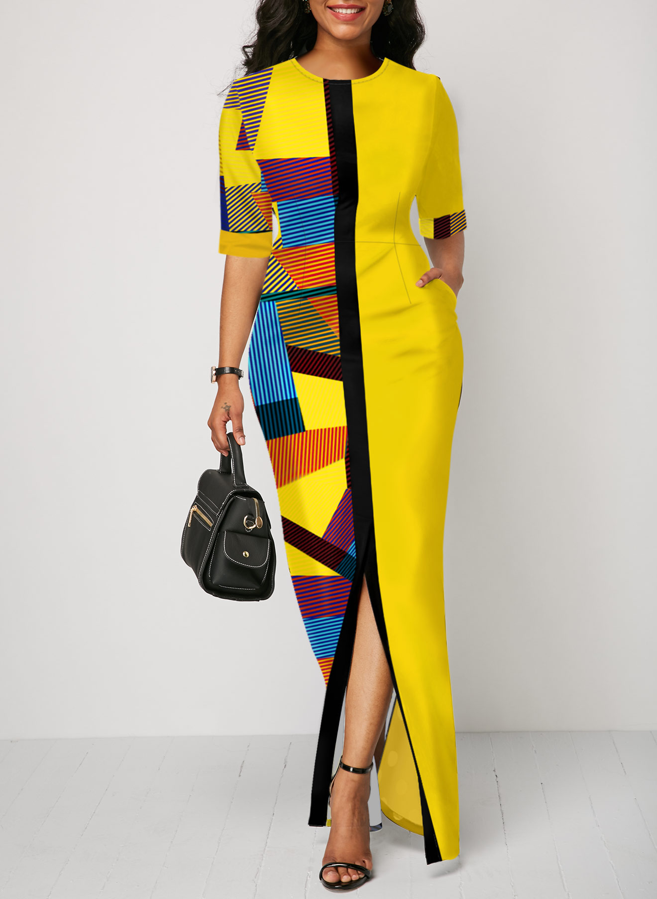 Geometric Print Half Sleeve Yellow Maxi Dress | modlily.com - USD 41.98