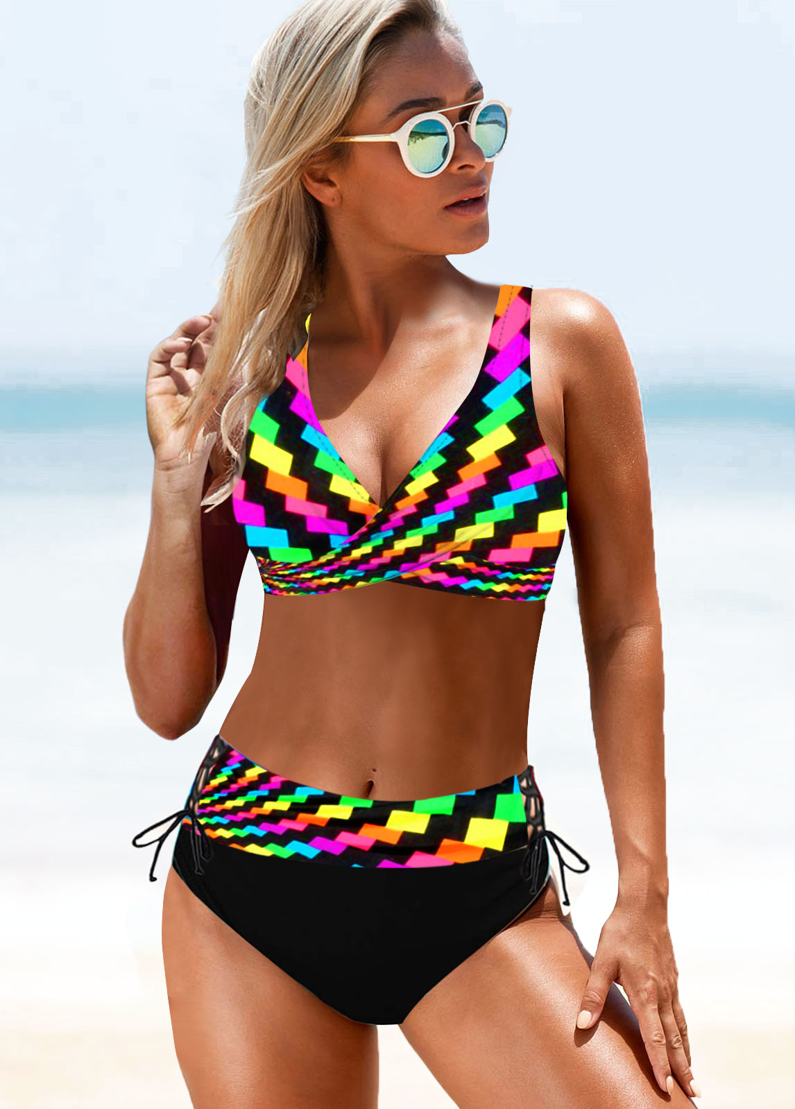 Bowknot Detail Rainbow Color Geometric Print Bikini Set