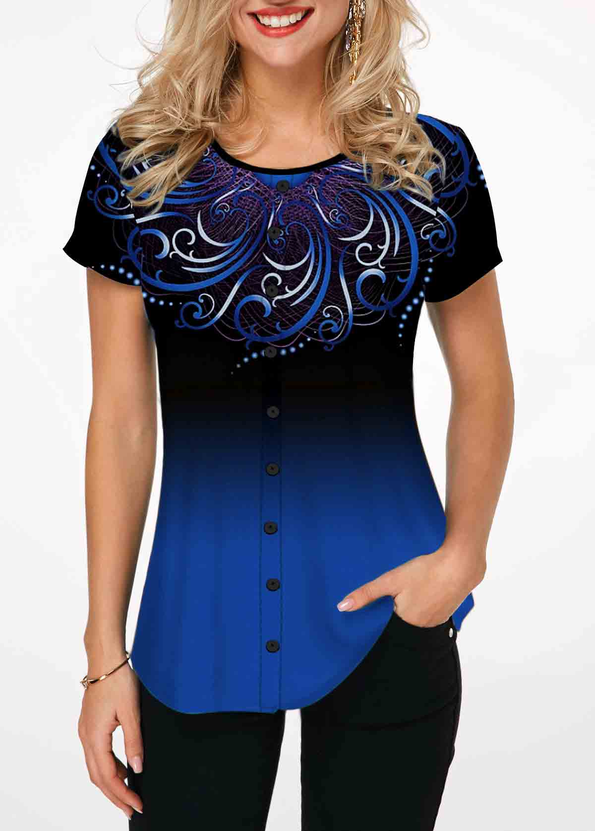 Blue Tribal Print Gradient Short Sleeve T Shirt