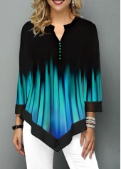 Cyan Patchwork Floral Print 3/4 Sleeve Split Neck Blouse