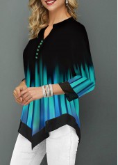 Cyan Patchwork Floral Print 3/4 Sleeve Split Neck Blouse | thumb picture 