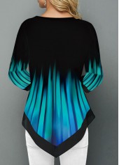 Cyan Patchwork Floral Print 3/4 Sleeve Split Neck Blouse | thumb picture 