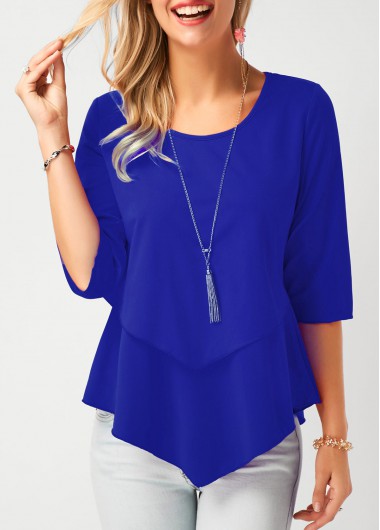 Modlily Casual 1/2 Sleeve Royal Blue Chiffon Blouse - M
