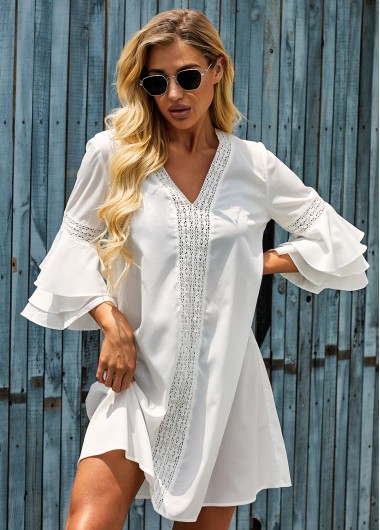 Modlily Flare Sleeve White V Neck Cover Up - L