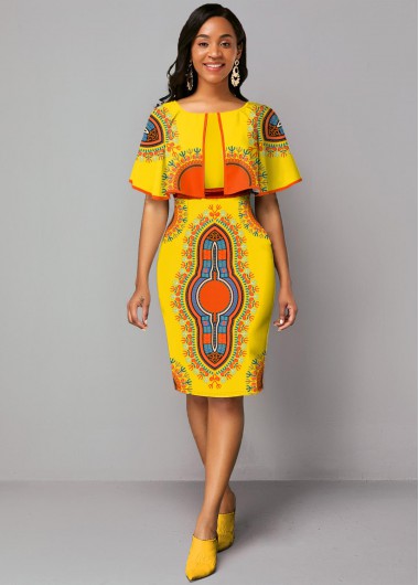 Cape Sleeve Printed Zipper Closure Dress - 16