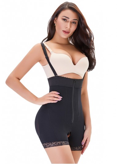 Zipper Closure Straps Black Shapewear Bodysuit - 2XL