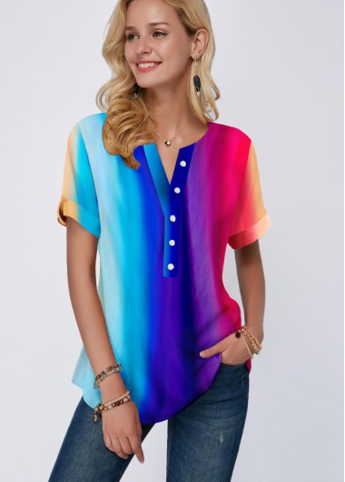 Modlily Rainbow Color Short Sleeve Button Detail Blouse - 14