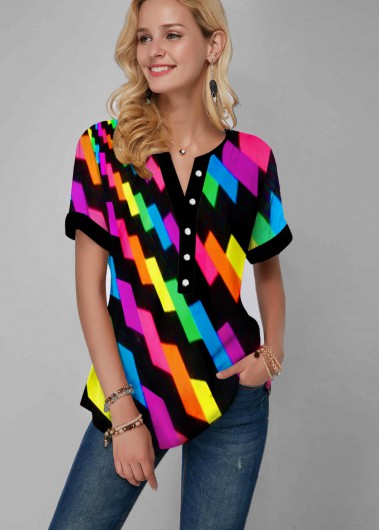 Modlily Gradient Geometric Print Split Neck Rainbow Color Blouse - XS