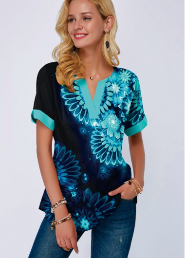 Modlily Blue Printed Split Neck Short Sleeve Blouse - S