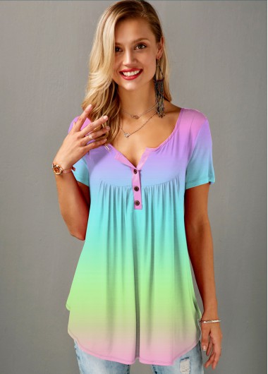 Modlily Button Detail Gradient Multi Color T Shirt - XS