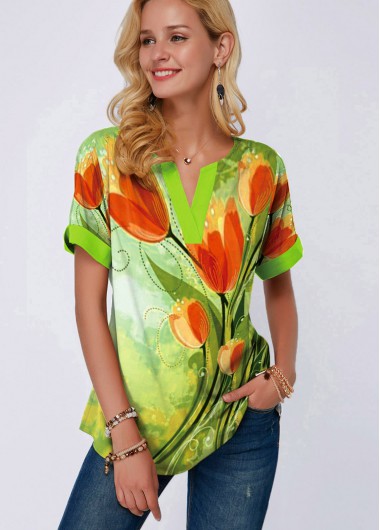 Modlily Flower Print Short Sleeve Split Neck Blouse - XS