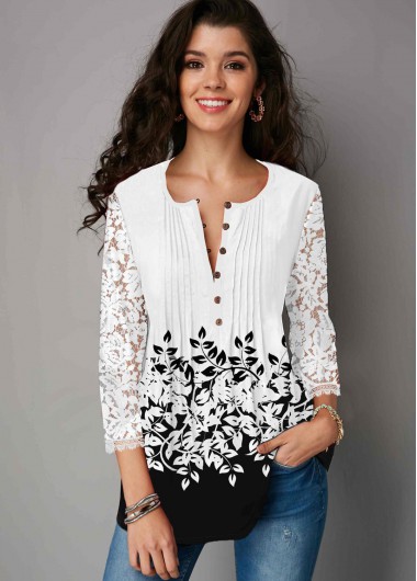 Modlily Lace Panel Button Up Color Block Blouse - XS