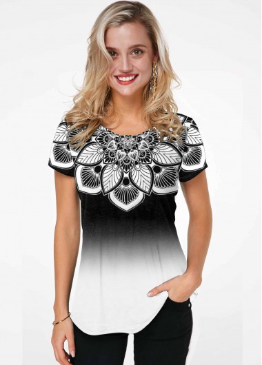 Modlily Gradient Flower Print Short Sleeve Ombre T Shirt - S