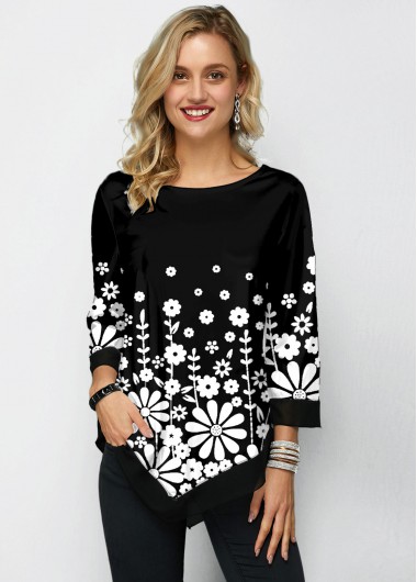 Modlily Chiffon Panel Three Quarter Sleeve Printed T Shirt - XS