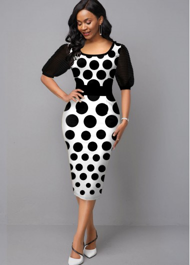 Modlily Black Polka Dot Print Half Sleeve Dress - L