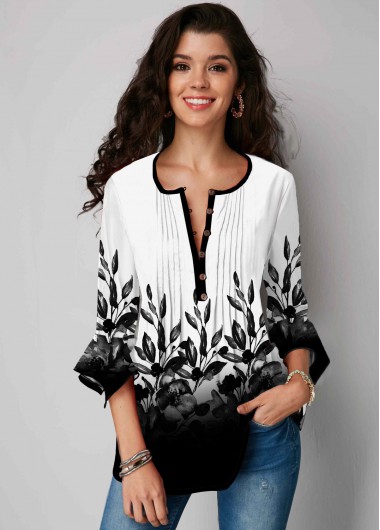 Modlily Button Up Plant Print Gradient Blouse - XS