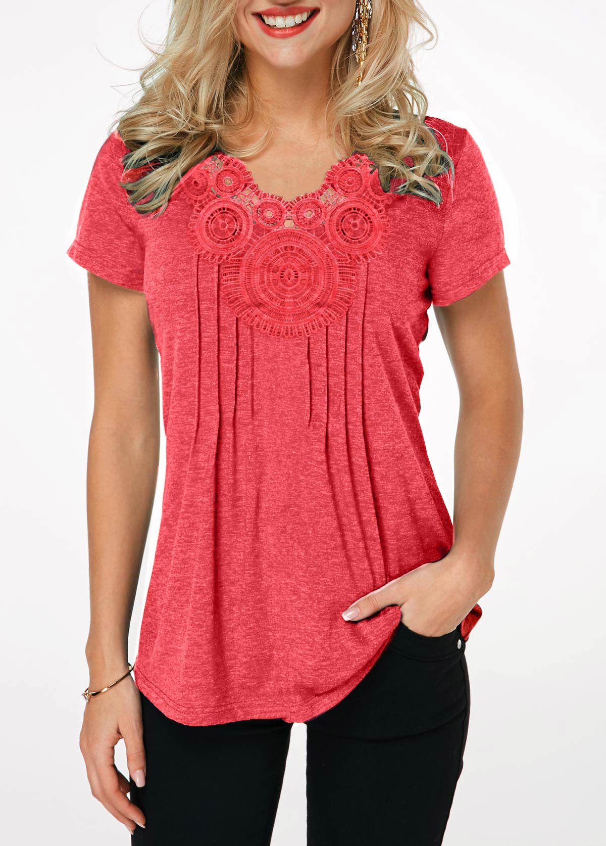 Crinkle Chest Short Sleeve Coral Red T Shirt
