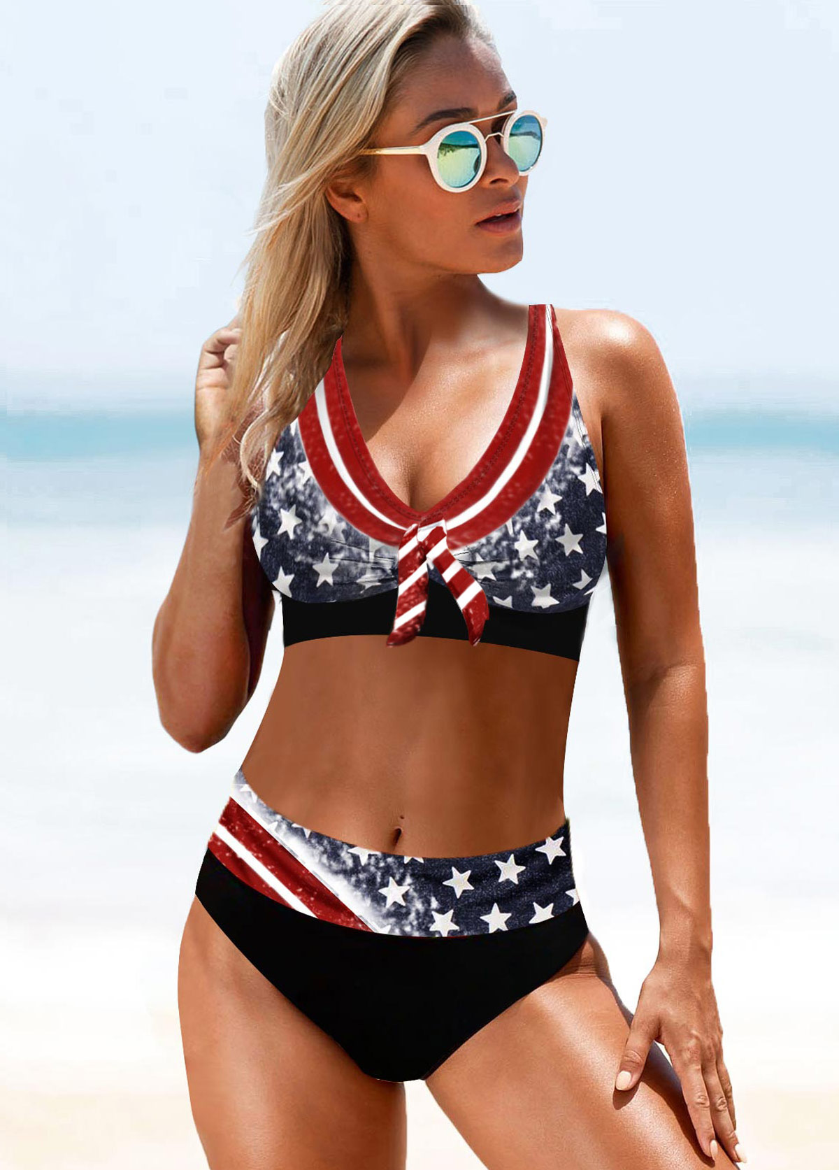 American Flag Print Wide Strap Mid Waist Bikini Set
