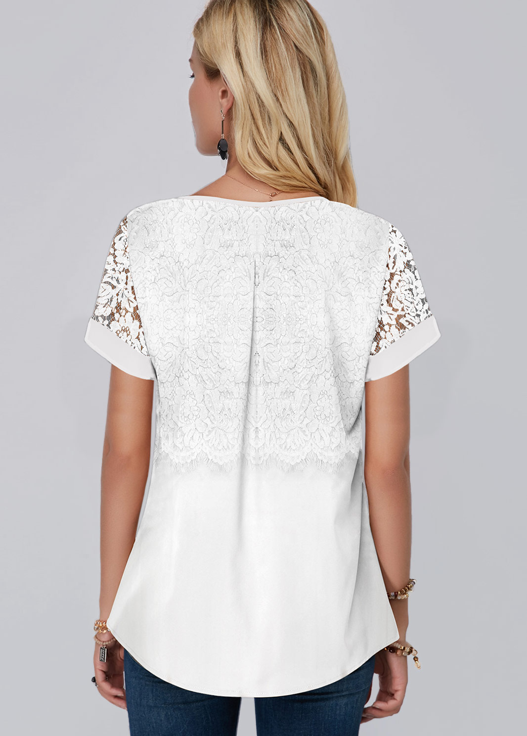 Lace Panel White Short Sleeve Blouse | modlily.com - USD $27.77