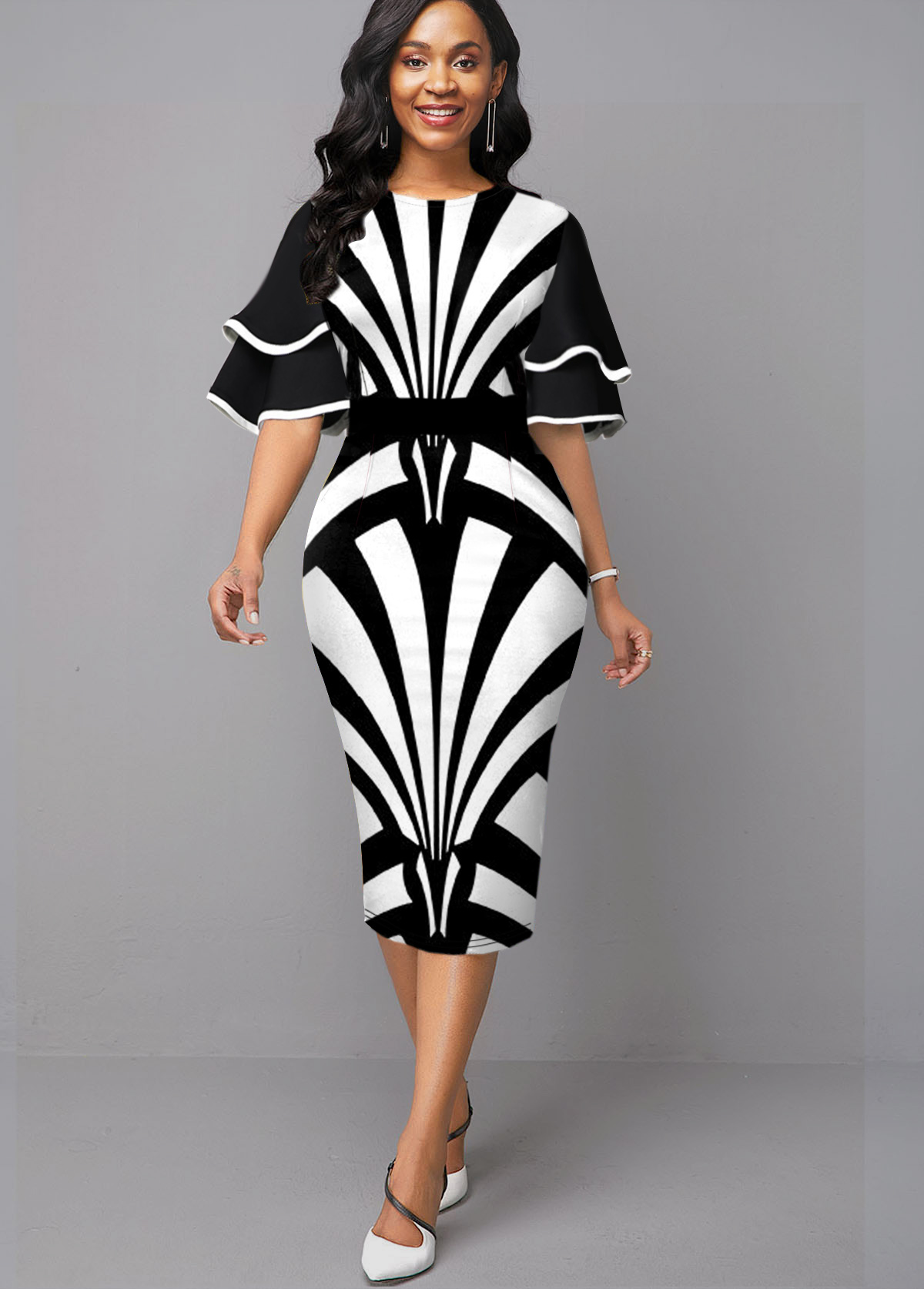 Flare Sleeve Color Block Round Neck Dress | modlily.com - USD 33.98
