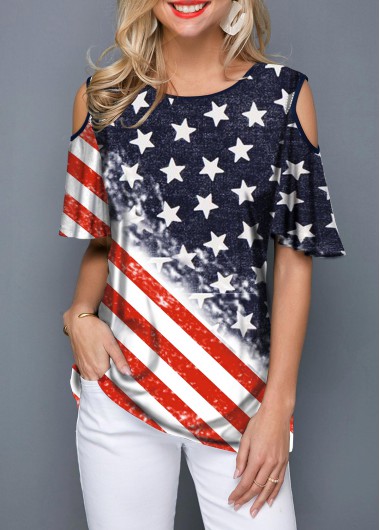 Modlily Independence Day July 4Th American Flag Print Cold Shoulder Round Neck T Shirt - S